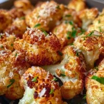 Close-up of roasted cauliflower bites topped with melted parmesan cheese.