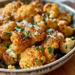 Close-up view of crispy garlic parmesan cauliflower florets with golden-brown edges.