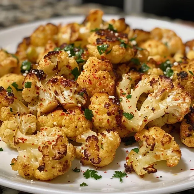 Side view of roasted cauliflower bites coated in garlic and parmesan cheese.
