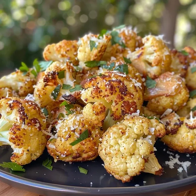 Side view of golden brown roasted cauliflower pieces coated in cheese.