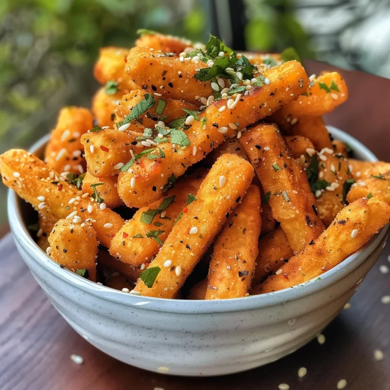 Delightfully Crispy Chickpea Fries: A Wholesome Snack to Savor Close-up view of golden-brown crispy chickpea fries, garnished with sesame seeds.