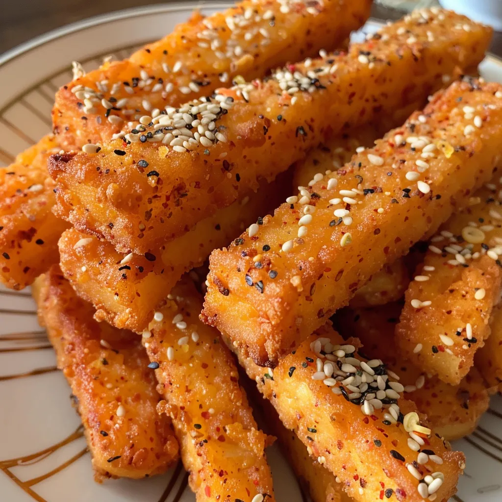 Side view of crispy chickpea fries arranged on a plate, showcasing their texture.