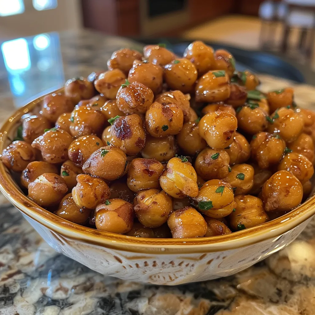Side view of a bowl filled with golden brown roasted chickpeas and vibrant corn kernels.