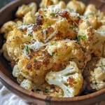 Close-up view of roasted cauliflower florets garnished with parsley and sprinkled with Parmesan cheese.