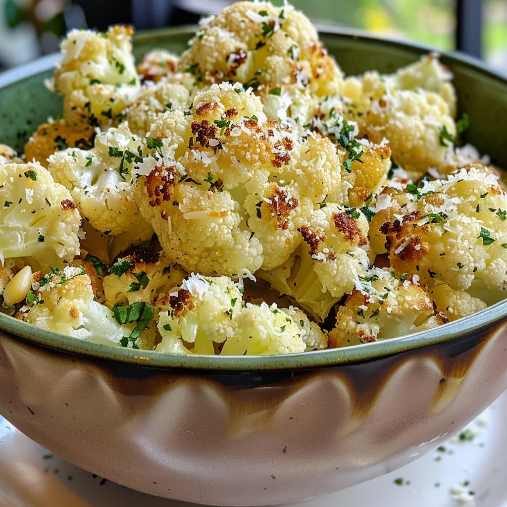 Juicy garlic Parmesan roasted cauliflower displayed on a plate, highlighting the golden-brown crust.