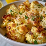 A close-up view of crispy oven-roasted Parmesan cauliflower florets garnished with parsley.