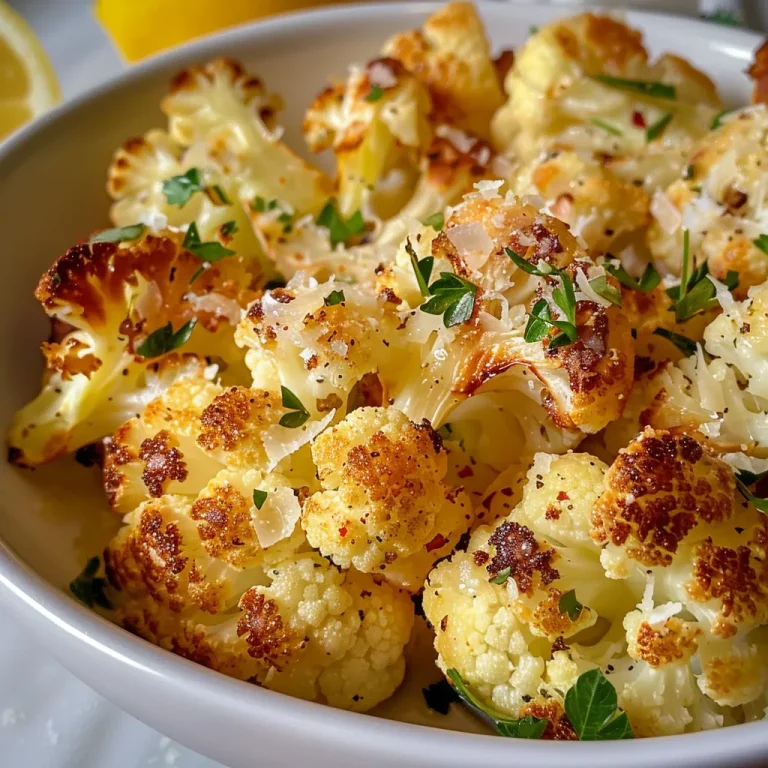 A close-up view of crispy oven-roasted Parmesan cauliflower florets garnished with parsley.