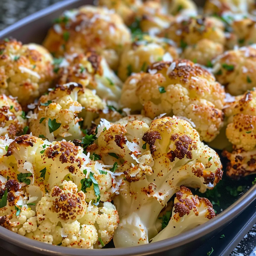 Juicy and golden-brown Parmesan cauliflower, served with lemon wedges on the side.
