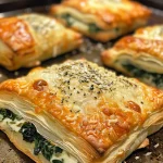 Close-up view of golden brown spinach and cheese puff pastry bites on a white plate.