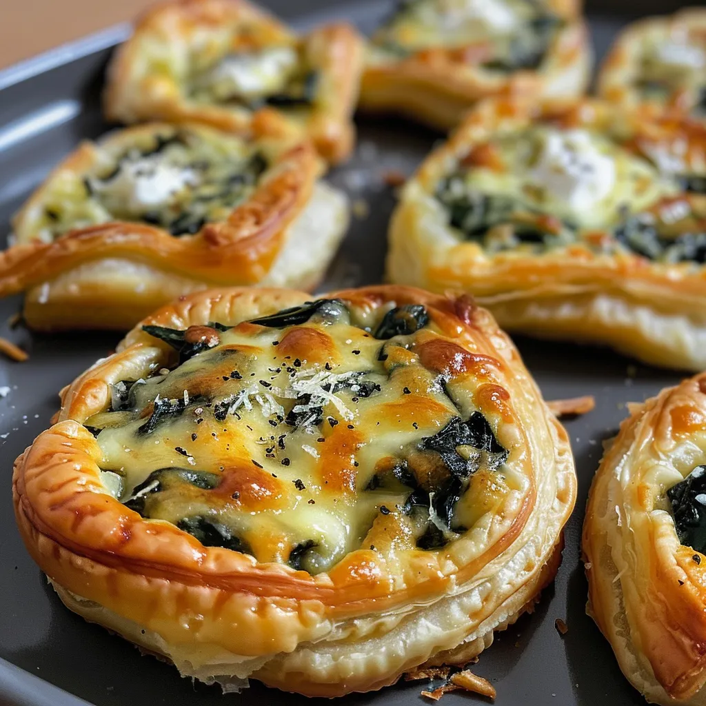 Side profile of flaky puff pastry filled with spinach and melted cheese, showcasing a crispy texture.