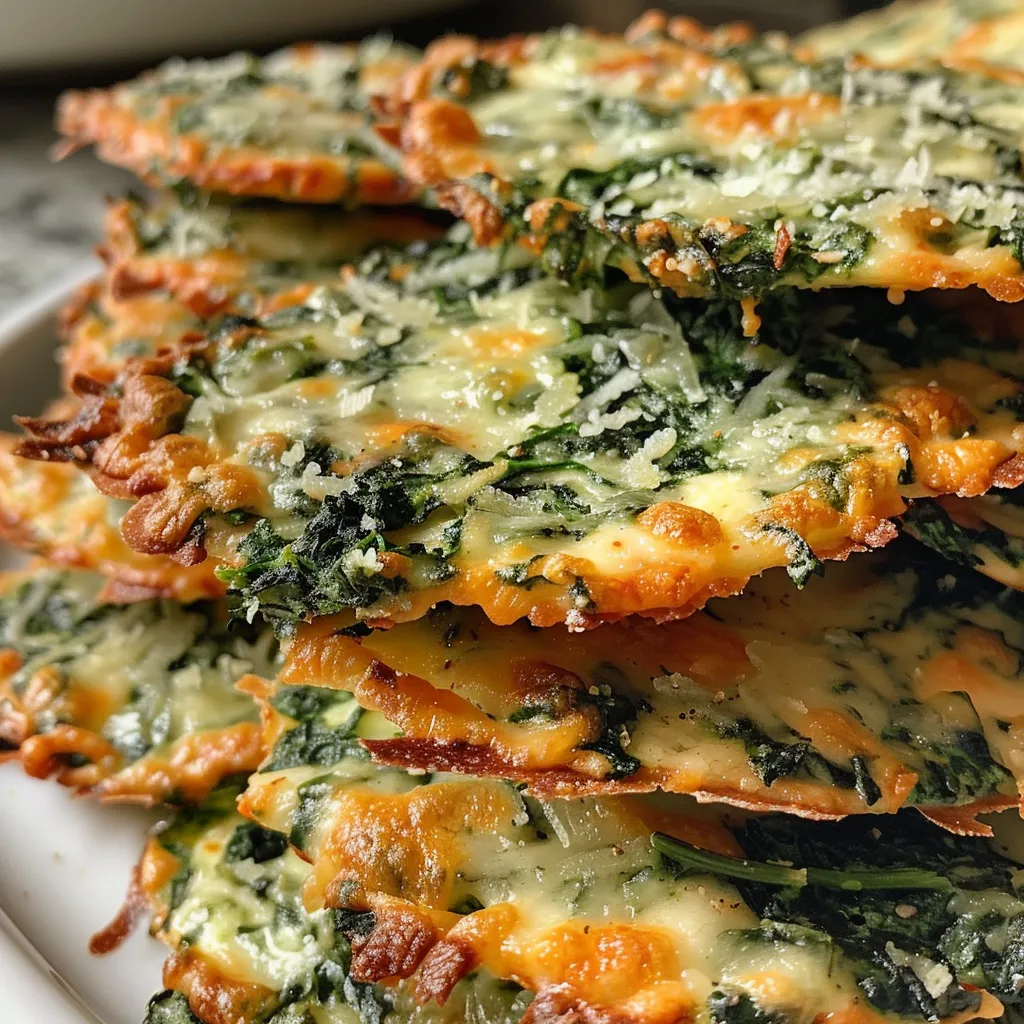 Side view of fresh, baked spinach cheese crisps with a crispy texture.