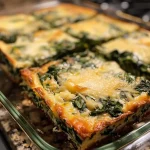 Close-up view of golden-brown spinach cheese squares with a crispy top.