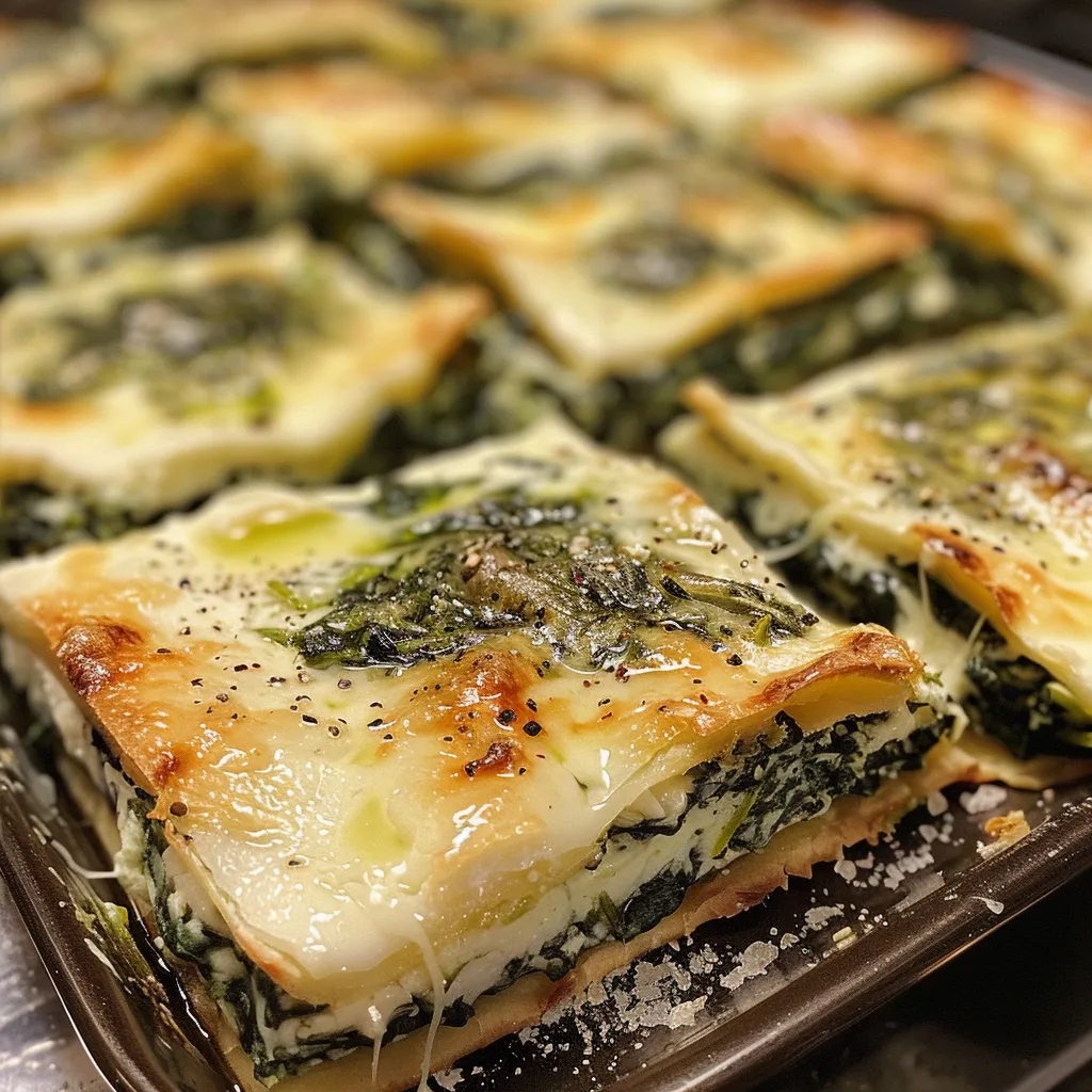 Juicy spinach cheese squares arranged on a white plate, showcasing their texture.