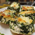 Close-up view of golden-brown Spinach Ricotta Bites arranged on a plate.