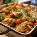Close-up view of a juicy chicken veggie bake featuring colorful diced vegetables.