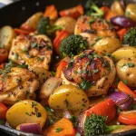 Close-up view of a one-pan garlic veggie chicken bake featuring juicy chicken, colorful vegetables, and herbs.
