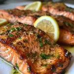 Juicy grilled salmon fillet seasoned with garlic and garnished with lemon slices.