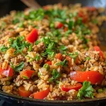 Close-up of a colorful Ground Turkey Rice Skillet with diced bell peppers and peas.