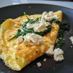 A delicious spinach and feta omelet with a fluffy texture and vibrant green spinach.