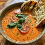 Creamy tomato basil soup in a bowl, garnished with fresh basil leaves and served with crusty bread.
