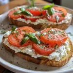 Close-up of a toasted sourdough slice topped with creamy cottage cheese and fresh tomato.