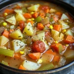 A close-up side view of a bowl of vibrant vegetable soup, showcasing colorful fresh ingredients.