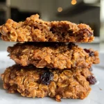 Close-up side view of oatmeal raisin cookies with a golden-brown texture.