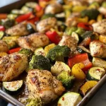 Close-up of juicy Sheet Pan Chicken with vibrant vegetables.