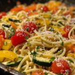 Close-up view of a colorful vegetarian pasta primavera with fresh vegetables and herbs.