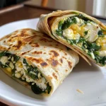 A close-up view of a juicy egg cottage cheese spinach wrap, showcasing vibrant green spinach and creamy filling.