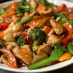 Close-up view of a savory chicken and vegetable stir fry, showcasing colorful bell peppers and broccoli.