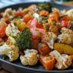 Close-up view of juicy garlic roasted vegetables including cauliflower, broccoli, and bell peppers.
