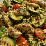 A close-up side view of pesto chicken couscous featuring vibrant vegetables and juicy chicken.