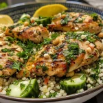 A close-up view of herbed chicken couscous bowls topped with tzatziki sauce.