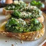 Close-up of a slice of sourdough toast topped with green spinach pesto and a fried egg.