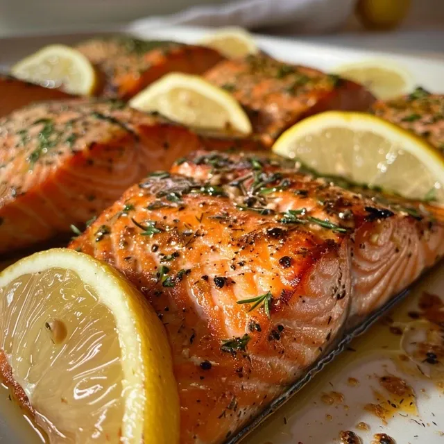 Baked Salmon Bliss: A Simple Recipe for Flavorful Harmony Close-up view of a beautifully plated crispy baked salmon fillet garnished with fresh herbs.