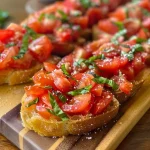 Close-up of a plate of Classic Bruschetta with diced tomatoes and basil on toasted bread.