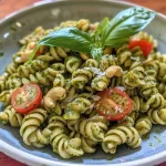 Close-up view of a bowl of gluten-free dairy-free pesto pasta with cherry tomatoes and basil.