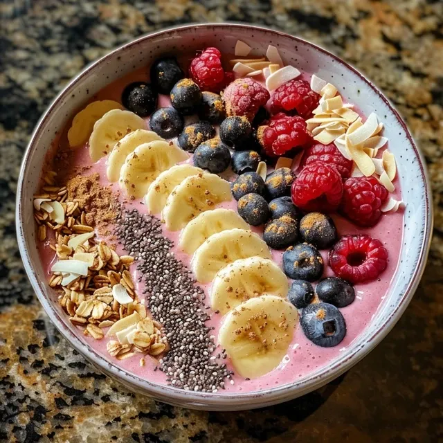 Side view of a delicious smoothie bowl filled with berries, bananas, and nuts.
