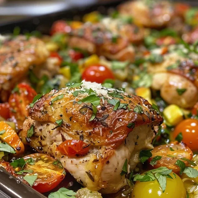Side view of a delicious Easy Chicken Veggie Bake with golden-brown chicken and vibrant veggies.