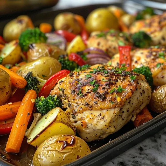 Side view of a delicious garlic-infused chicken bake with baby potatoes, broccoli, and carrots in a ceramic dish.