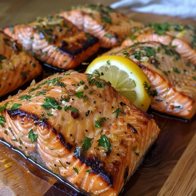 Close-up view of lemon and garlic grilled salmon on a plate, showcasing its flaky texture.