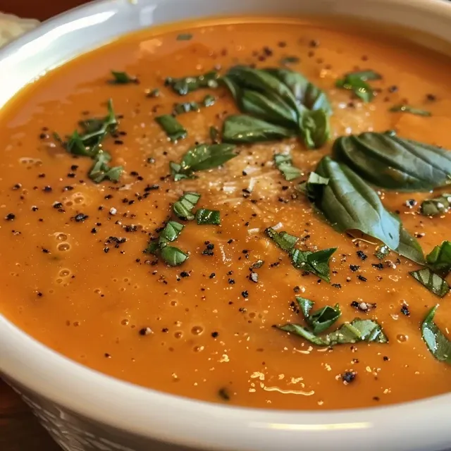 Close-up of a bowl of creamy tomato basil soup with a sprinkle of Parmesan cheese and fresh herbs.