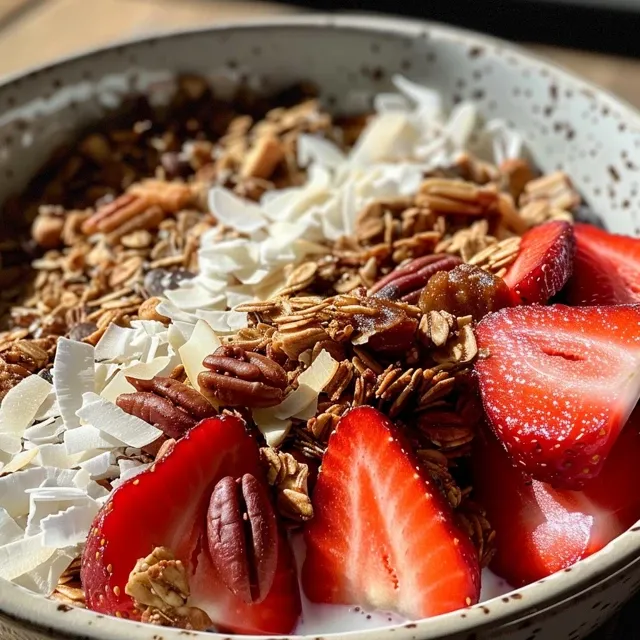 Juicy strawberry shortcake yogurt bowls garnished with coconut flakes and almonds.