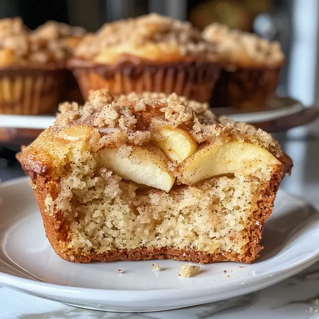 Side view of apple cinnamon muffins showcasing their moist texture and cinnamon sprinkle.