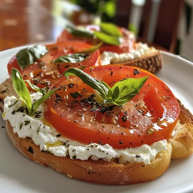 Side view of a delicious toast with cottage cheese, juicy tomato slices, and basil leaves.