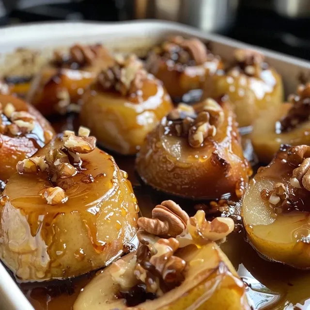 Close-up side view of golden-brown baked pears glistening with honey, sitting on a wooden plate.