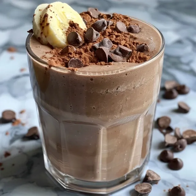 Close-up of a delicious chocolate banana smoothie, showcasing its thick consistency and garnished with banana pieces.