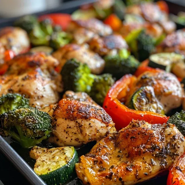 Side view of chicken breasts and colorful veggies arranged on a sheet pan.