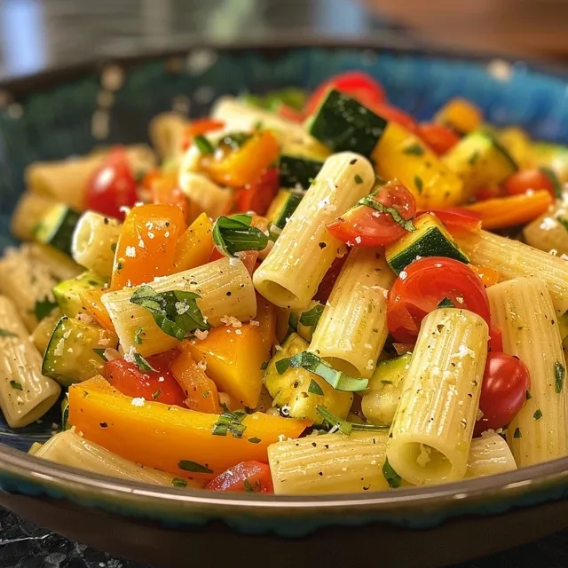 Side view of a bowl of vegetarian pasta primavera featuring bell peppers, zucchini, and carrots.